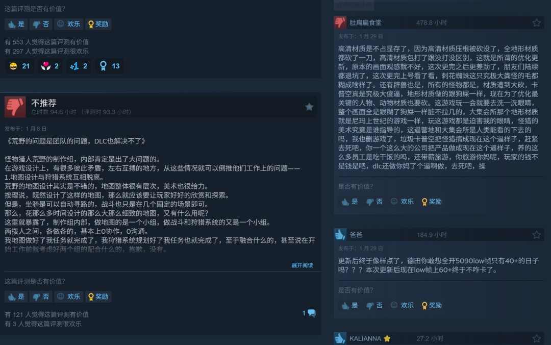 《怪物猎人：荒野》更新后 Steam遭“好评轰炸”